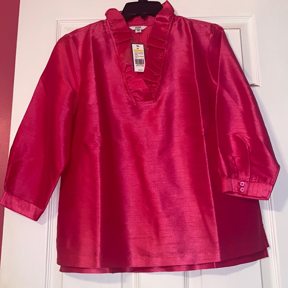 Crown & Ivy Pink Ruffle Neck Top